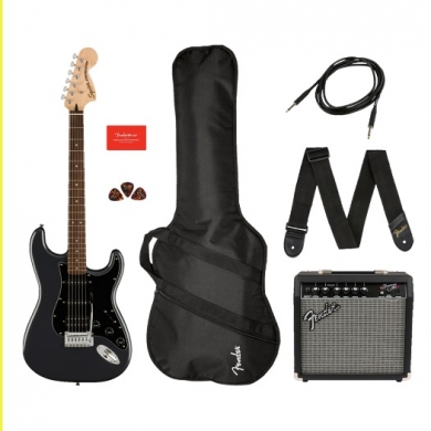 Squier Affinity Strat HSS Frontman 15G Amp Charcoal Frost Metallic Elektro Gitar Seti